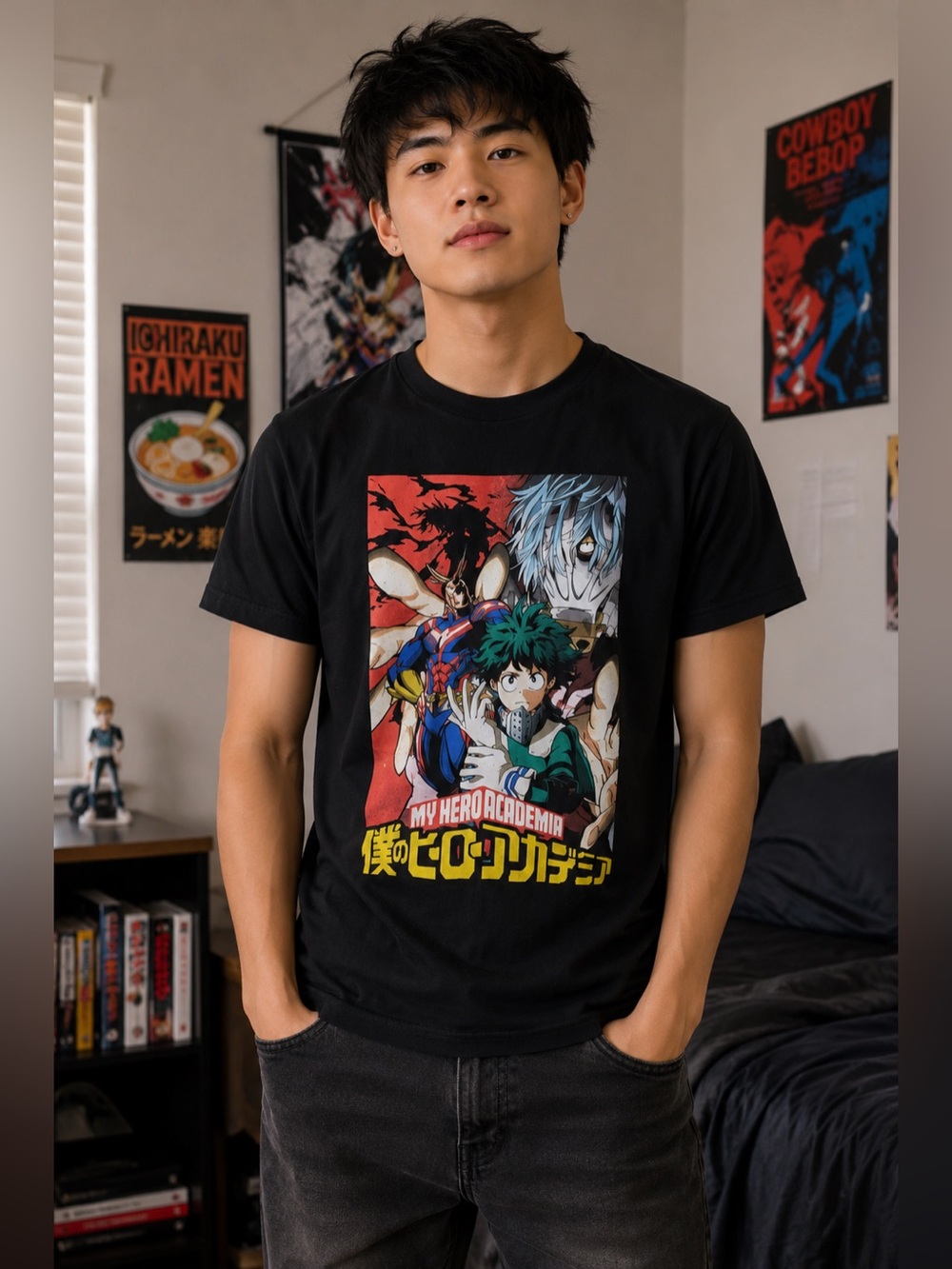 My Hero Academia Small Kanji Black Graphic Crew Neck Short Sleeve Cotton T-Shirt